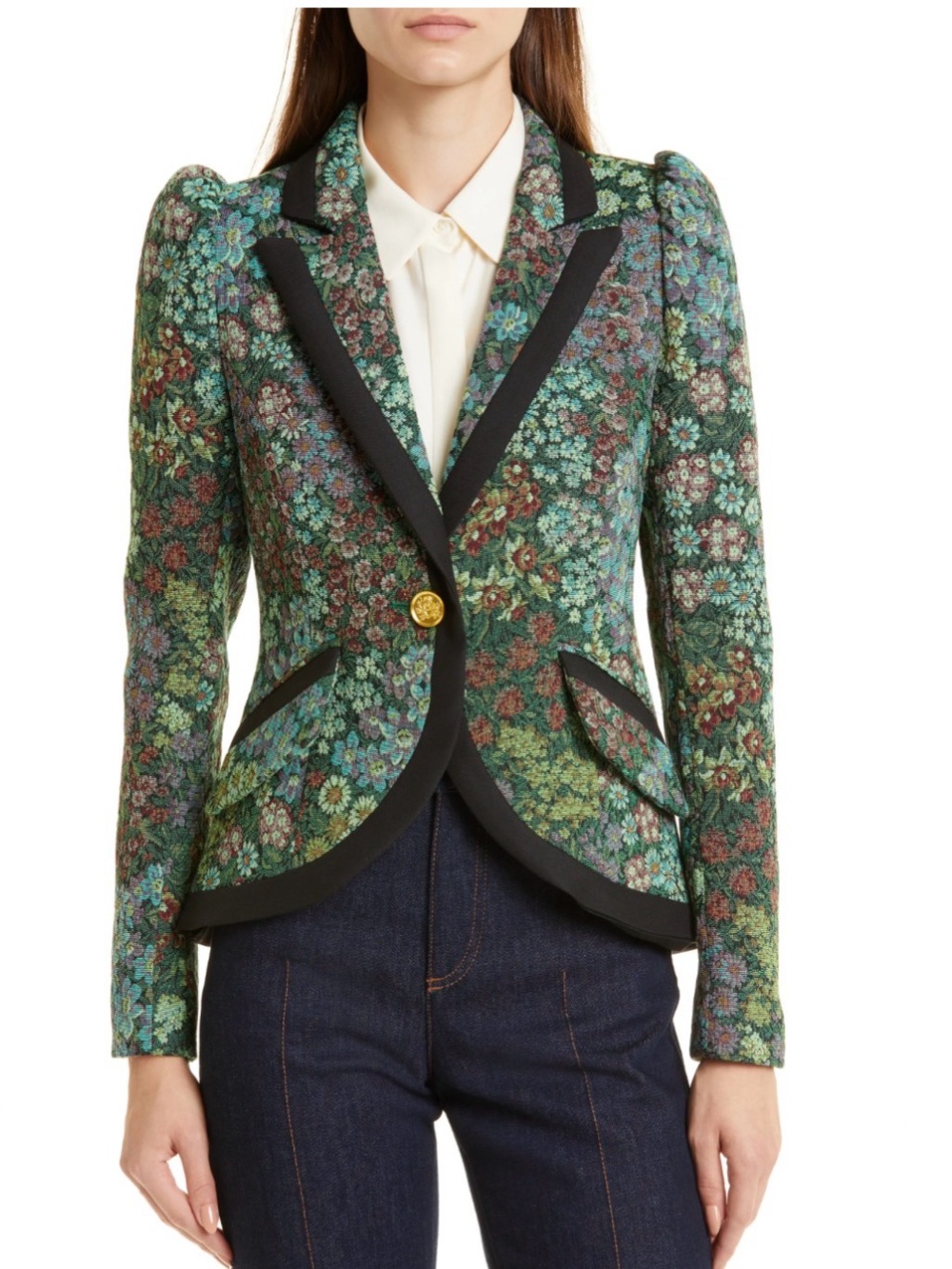 Smythe Floral Jacquard Puff Sleeve Blazer
